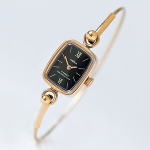 Dainty cocktail wristwatch women CHAIKA vintage. Gold plated lady watch jewelry gift. Delicate black women watch chic accessory wristwatch image 3