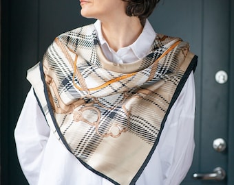 Vintage Equestrian Pure Silk Scarf: Royal Print Chains, Beige Black Shawl