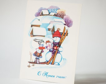 New Year's postcard bunny skier Snowman white winter Christmas vintage postcard blank greetings