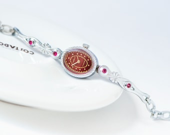 Red dial cocktail watch for women CHAIKA, silver shade women's watch posh vintage, oval wristwatch small watch delicate gift dainty bracelet