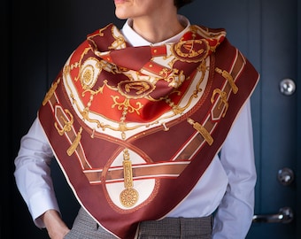 Vintage Equestrian Print Silk Scarf: Brick Red Brown Shawl (31.1&quot;)