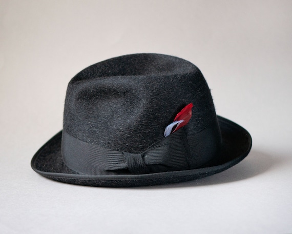 Vintage stingy brim men's hat Stetson. Unisex Black homburg fashion. Size 56 minimalist hat narrow brim. Men's fedora felted wool
