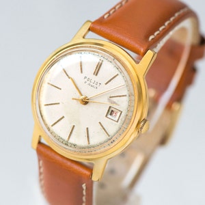 Vintage jewelry men watch Poljot Flight gold plated AU 20 men watch dress watch him minimal elegant men wristwatch new premium leather strap