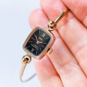 Dainty cocktail wristwatch women CHAIKA vintage. Gold plated lady watch jewelry gift. Delicate black women watch chic accessory wristwatch image 5