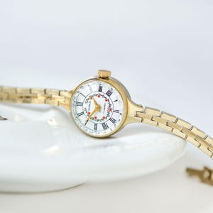 Cocktail wrist watch for  women gold shade flowers on dial CHAIKA, tiny vintage watch Roman numerals dial Smallest gift dainty slim bracelet