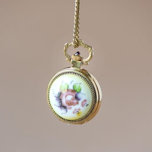 Necklace watch for women CHAIKA gold plated floral front. Vintage dainty pendant watch round lady neck jewelry gift feminine accessory