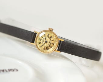 Petite Lady watch gold plated Chaika, Vintage Lady Timepiece, Roman numerals dial, leather strap new