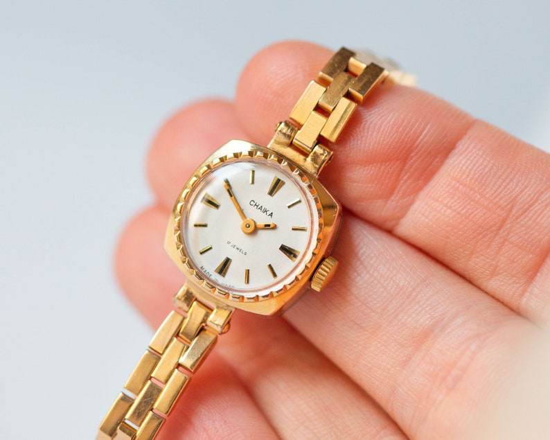 Cocktail watch for women gold plated vintage accessory CHAIKA. Classic bride watch jewellery limited edition Tiny bracelet timepiece gift image 5