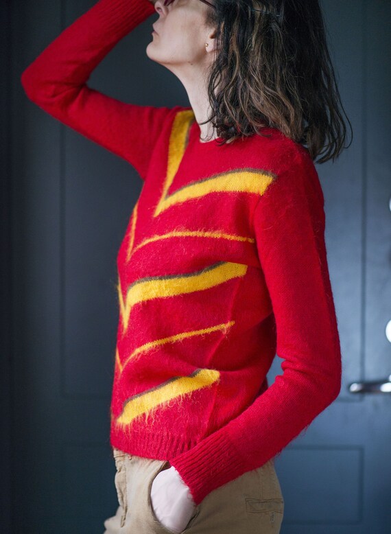 Tie dye style wool sweater red yellow. Vintage wo… - image 2