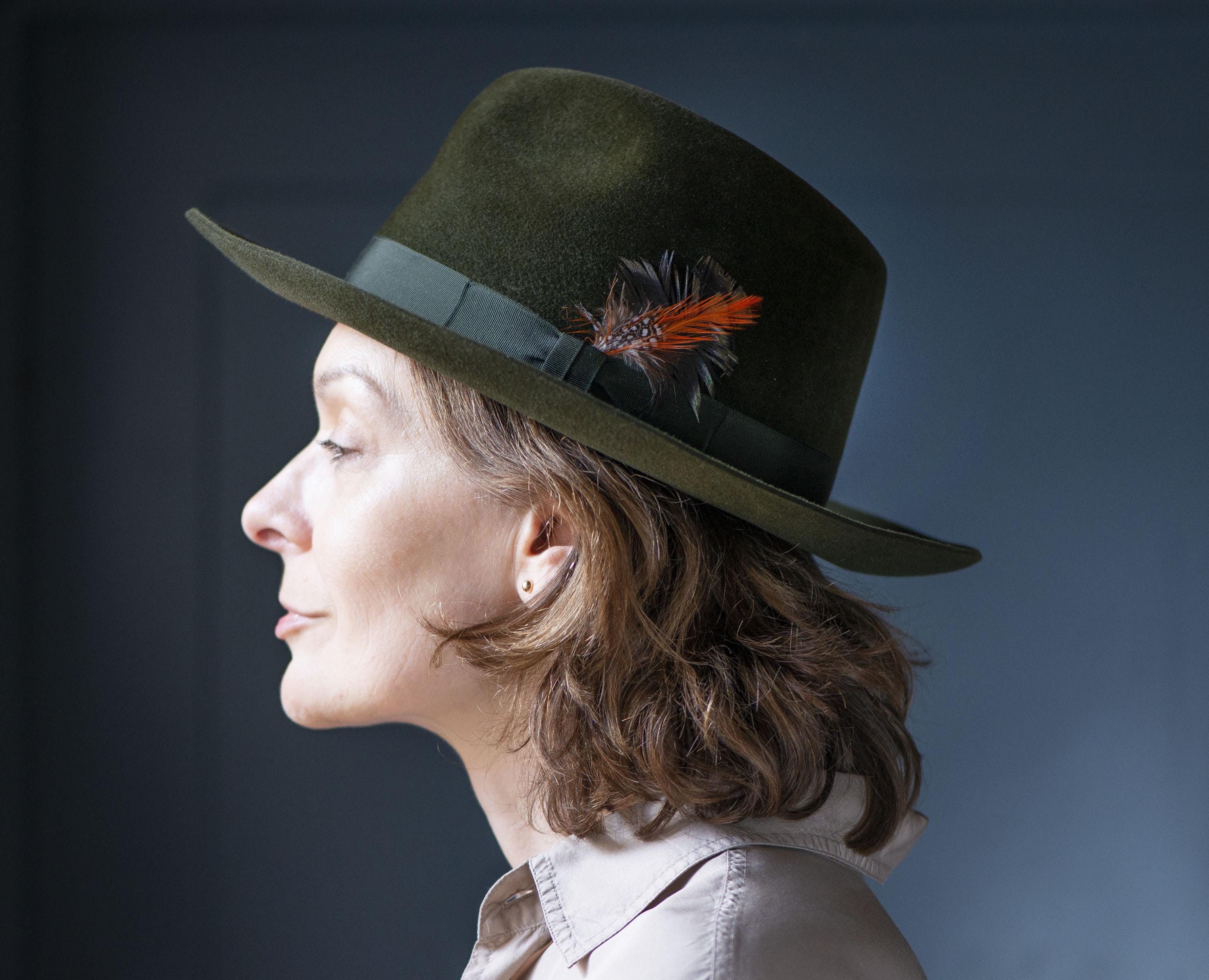 Vintage Dark Olive Green Wool Fedora: Wide Brim Feather Hat  display picture 3