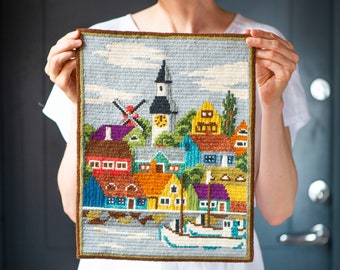 Embroidered Western Europe Town Picture. Vintage handmade wall hanging Mill Church River Sailboat. Homemade Vintage Europe View Picture Home