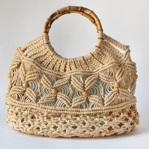 Macrame Summer Bag Vintage Bamboo Handles. Vintage Tote Bag for Women ...