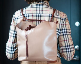 Beige Leather Backpack for Women Vintage. Genuine Leather Shoulder Bag Italy made. Spring Summer Fashion minimalist shoulder bag Gift her
