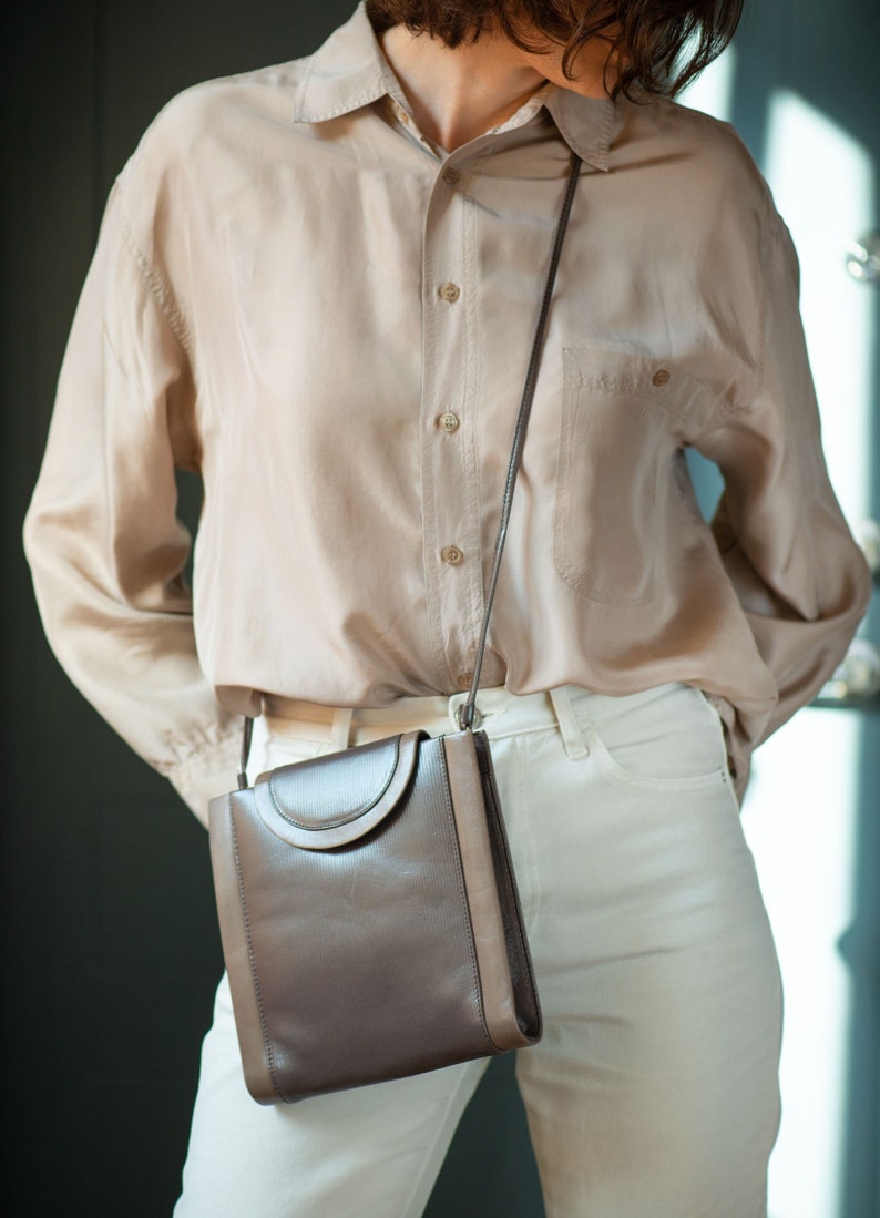 Vintage Crossbody Bag Minimalist Beige Brown. Long strap shoulder Bag Square. Classic Bag Minimalist Preppy Genuine Faux Leather image 1