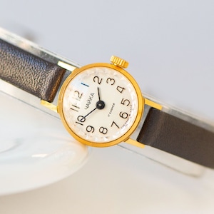 Vintage gold plated watch for women CHAIKA. Micro size lady watch wrist accessory.  Minimalist watch lady gift. Premium leather band new
