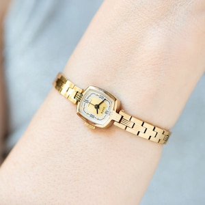 Dainty cocktail watch ZARIA gold plated gift square case timepiece. Roman numerals dial micro watch sleek bracelet. Vintage jewelry delicate