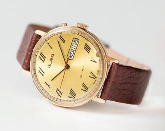Reloj de pulsera vintage para hombre, esfera amarilla, caja chapada en oro, esfera de números romanos SLAVA, reloj de regalo, correa de cuero genuino, nuevo