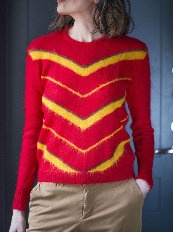 Tie dye style wool sweater red yellow. Vintage wo… - image 1