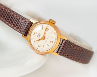 Classic dial watch for women ZARIA. Vintage lady wristwatch gold plated jewelry. Delicate watch accessory women. Premium leather band new