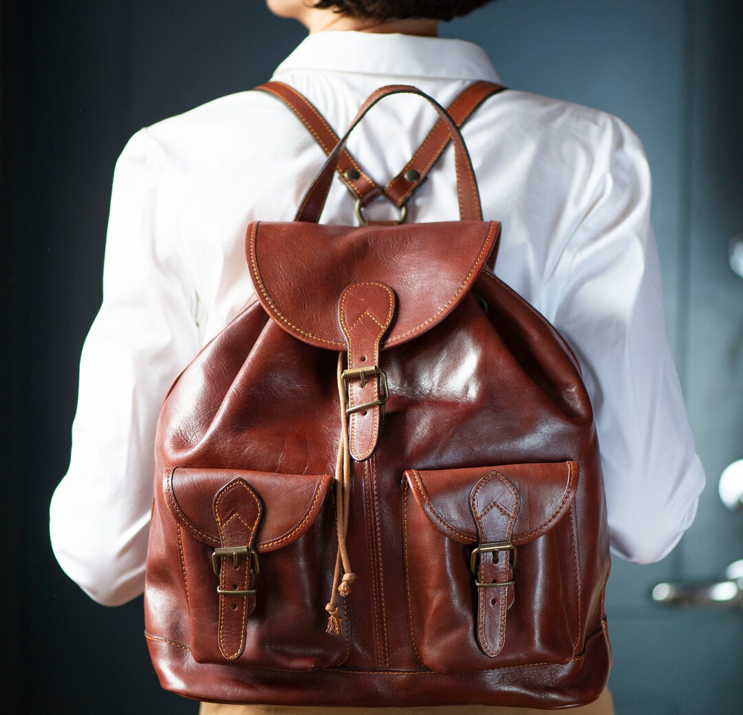 Tan Brown Unisex Backpack Huge Genuine Leather Vintage Gift. - Etsy