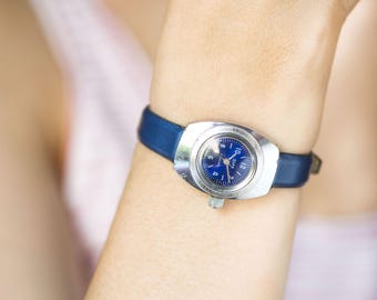 Amphibian watch for women limited edition watch Dawn 70s. Dark blue watch water resistant. Navy watch women gift. Luxury new leather strap