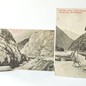 Sakartvelo antike Postkarten georgische Militärstraße Postkarten. Set 2 Berge Teufelsbrücke PASANAURI Schlucht 1911 Sammlerstück