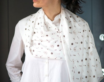 White summer shawl long couturier pattern scarf fashion. Brown scissors buttons safety pin Neckerchief. Light weight Scandinavian scarf fun