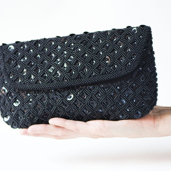 Vintage Black Beaded Purse - Black Evening Bag Sequins Handmade – Small Lady Purse – Party Purse Retro 60s - New Year Party Bag Unique