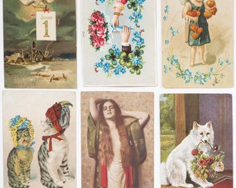 Cartes postales anciennes Chats Blanc Chien Femmes par Max Nonnenbruch Symbolisme Amour Chérubin Colombe Nouvel An encadrement