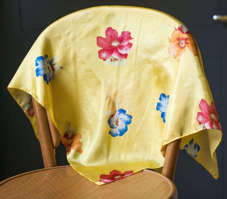 Yellow Lemon Silk Scarf Square Flowers 70s Floral Red Blue - Etsy