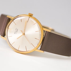 Vintage Poljot Watch: Gold Plated, Leather Band, USSR Made