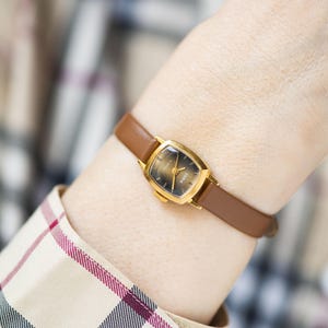Vintage Zaria Women&#39;s Watch: Gold Plated, Brown Dial, Rectangular