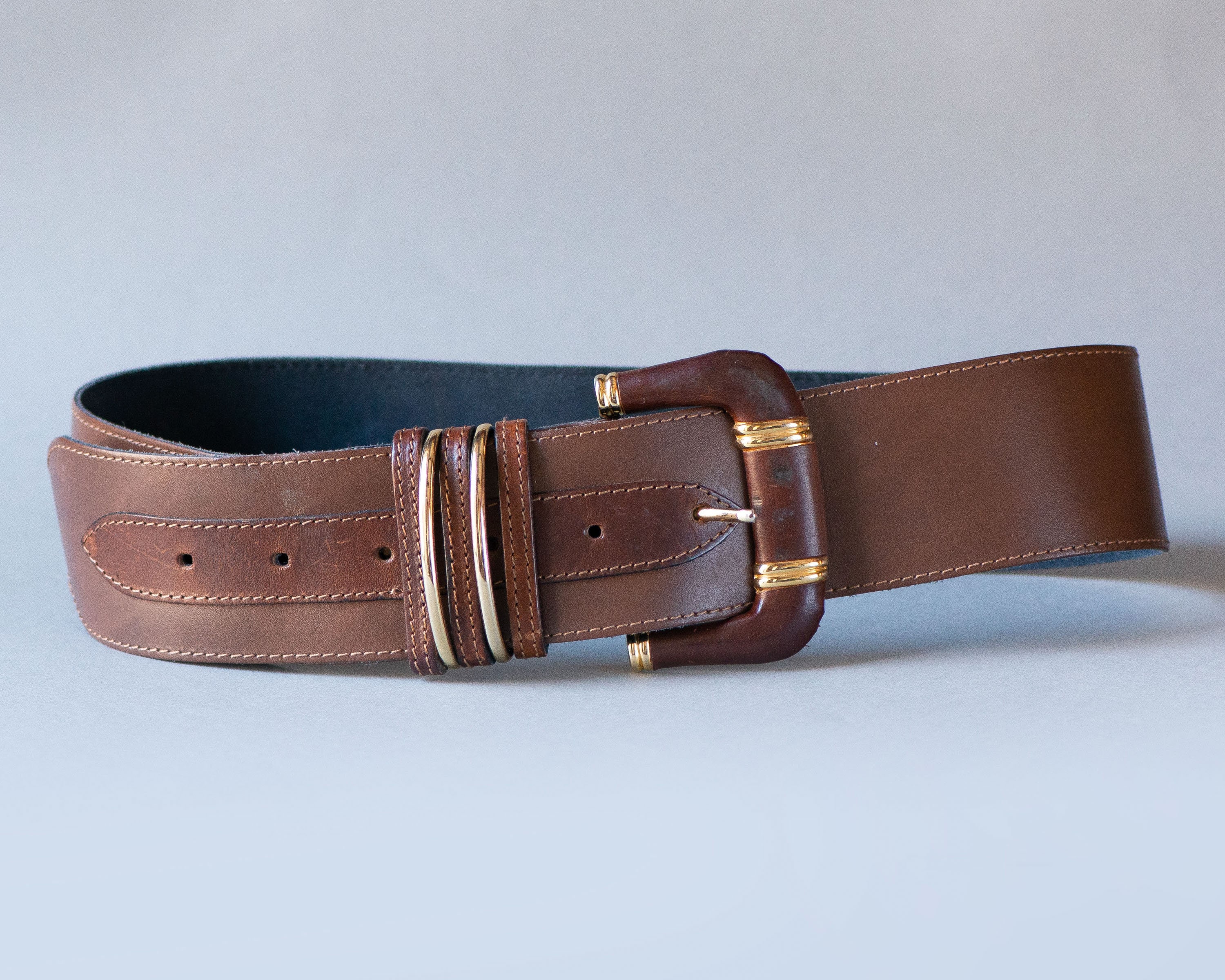 （美品）ダークブラウン ワイドレザーベルト ヴィンテージ ワイドレザーウエストベルト：ダークブラウン 90年代