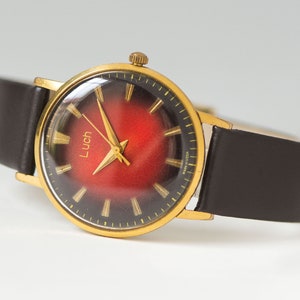 Vintage slim red wristwatch unisex RAY. Men dress watch gold plated. Limited edition timepiece minimalist gift. Premium leather strap new