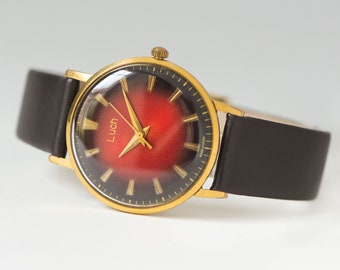 Vintage slim red wristwatch unisex RAY. Men dress watch gold plated. Limited edition timepiece minimalist gift. Premium leather strap new
