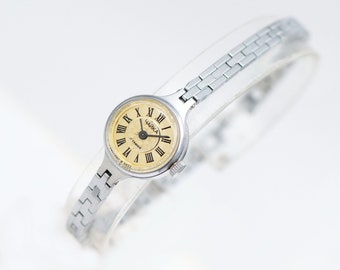 Chic wristwatch for women silver shade cocktail watch CHAIKA. Vintage evening watch bracelet. Watch for woman Roman numerals dial jewelry