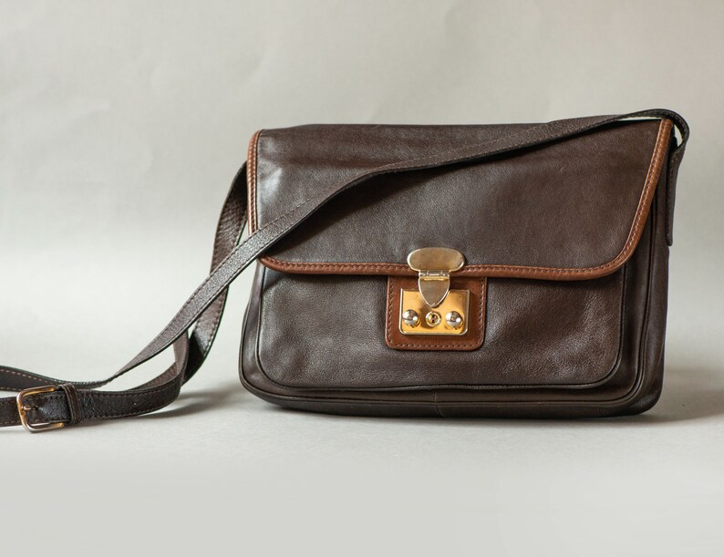 Soft Leather Crossbody Bag for Lady Dark Brown. Vintage Minimalist Shoulder Bag Genuine Leather. Saddle Bag City Fashion 90s W. Germany Gift image 6