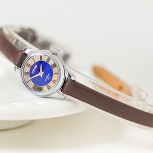 Blue women watch SEKONDA. Delicate watch summer jewelry gift. Silver shade tiny watch for lady Mint condition watch New genuine leather band