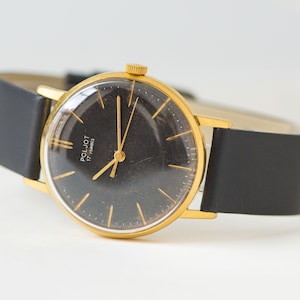 Dress wristwatch unisex POLJOT shockproof. Vintage men watch black dial. Gold plated boyfriend watch minimalist. Premium leather strap new