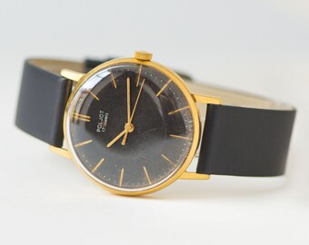 Dress wristwatch unisex POLJOT shockproof. Vintage men watch black dial. Gold plated boyfriend watch minimalist. Premium leather strap new