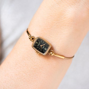 Dainty cocktail wristwatch women CHAIKA vintage. Gold plated lady watch jewelry gift. Delicate black women watch chic accessory wristwatch image 2