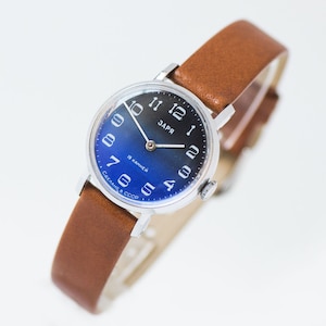 Navy dial women watch ZARIA. Vintage minimalist watch for women. Round silver shade watch jewelry gift for girl. Genuine leather strap new