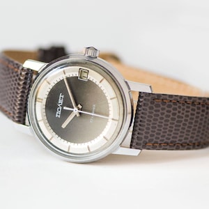Minimalist men&#39;s watch Poljot Flight. Grey men&#39;s wristwatch vintage. Rare face design watch for men. Modern watch. New premium leather strap