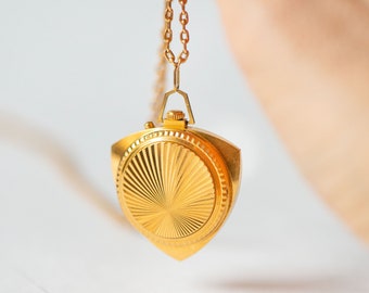 Chunky watch pendant for women triangular sunburst front cover. Vintage gold plated watch on neck ZARIA. Xmas jewelry necklace watch gift