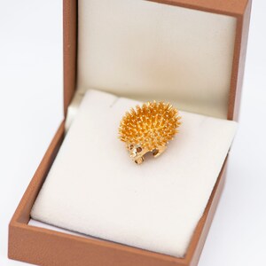 May include: A gold-colored hedgehog brooch with a detailed design. The brooch is in a small, brown box with a white interior.