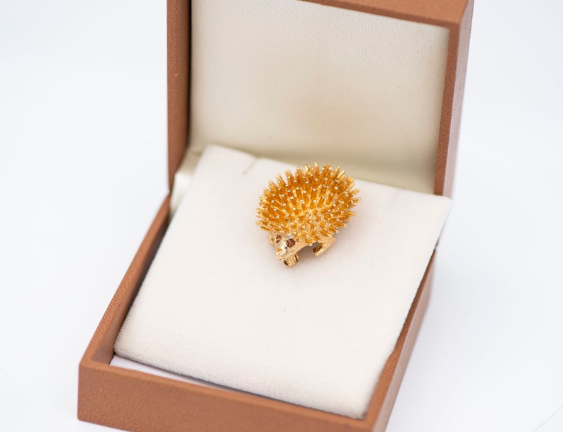May include: A gold-colored hedgehog brooch with a detailed design. The brooch is in a small, brown box with a white interior.