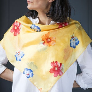 Yellow Lemon Silk Scarf Square Flowers - 70s Floral Red Blue Orange Blossom Pattern - Small Neck Scarf Retro Fashion - Lady&#39;s Summer Scarf