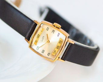 Square wristwatch for women small jewelry RAY. Gold plated women watch minimalist. Lady watch sustainable gift. Premium leather strap new