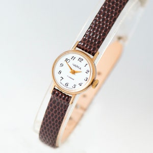 Dainty women wristwatch CHAIKA delicate gift. Vintage tiny ladies wristwatch. Preppy girl watch gift gold plated. Genuine leather strap new
