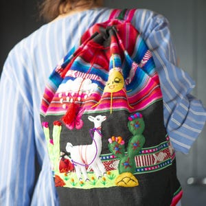 Handmade Peruvian Backpack: Appliqué Serape Bag, Boho Festival Style